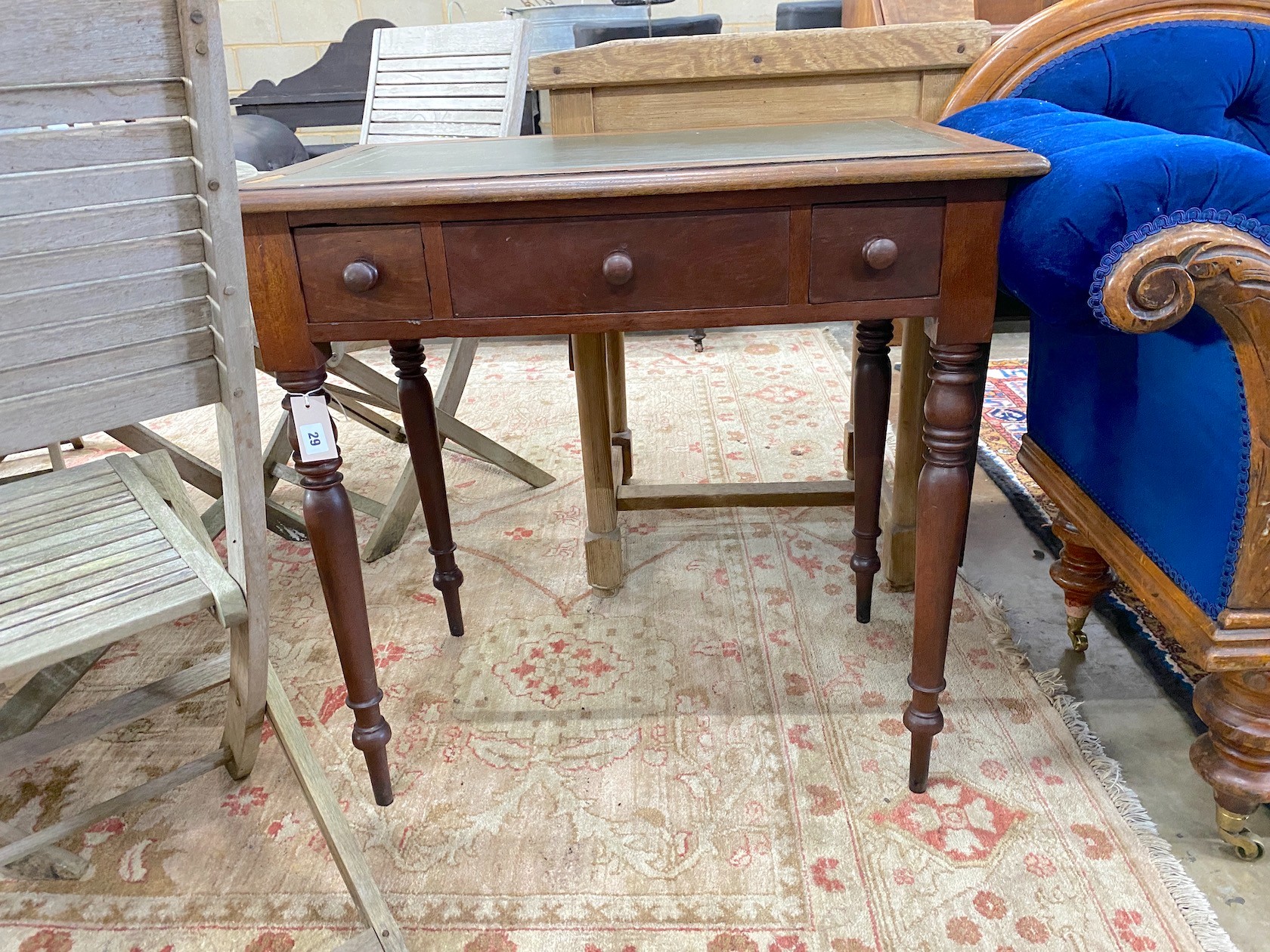 A Victorian mahogany three drawer writing table, width 78cm, depth 48cm, height 78cm